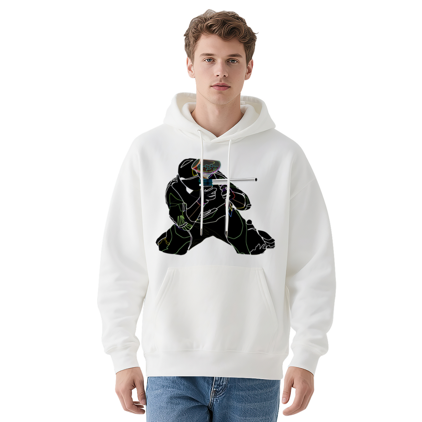 Neon Line Paintball Player Unisex White Hoodie, Cozy Street Style