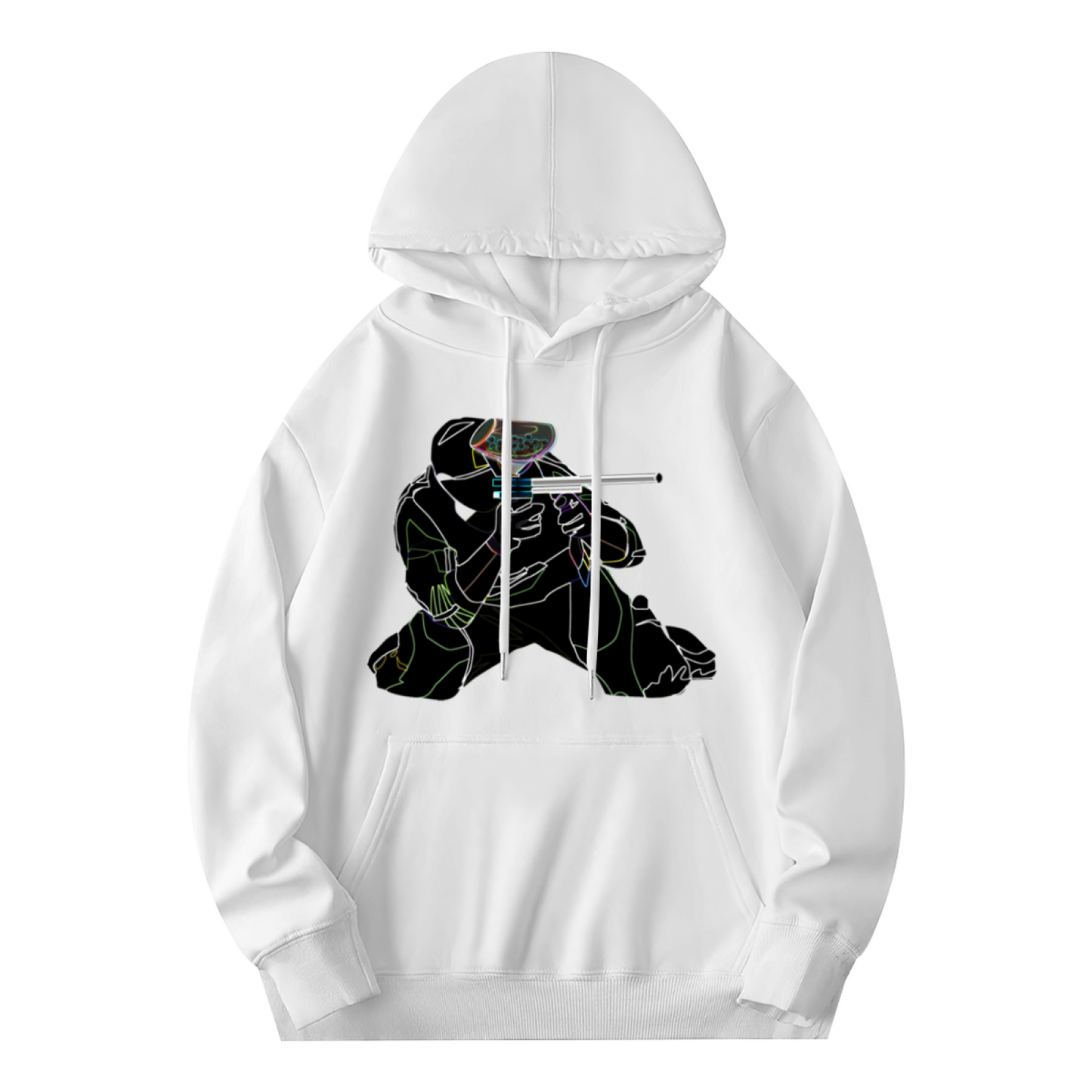 Neon Line Paintball Player Unisex White Hoodie, Cozy Street Style