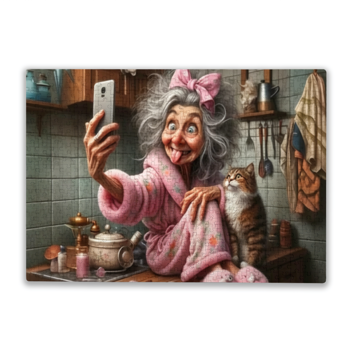 Sassy Grandma Goofy Selfie With Tabby Cat In Cozy Kitchen Puzzle | 300/500/1000 Pieces