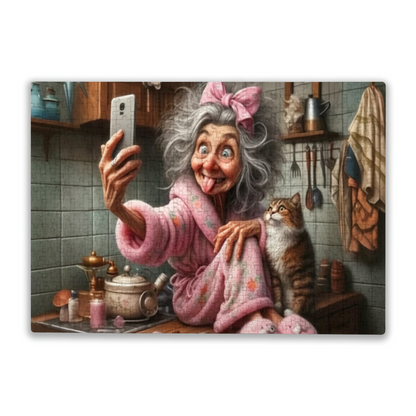 Sassy Grandma Goofy Selfie With Tabby Cat In Cozy Kitchen Puzzle | 300/500/1000 Pieces