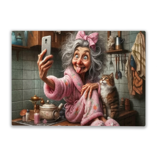Sassy Grandma Goofy Selfie With Tabby Cat In Cozy Kitchen Puzzle | 300/500/1000 Pieces