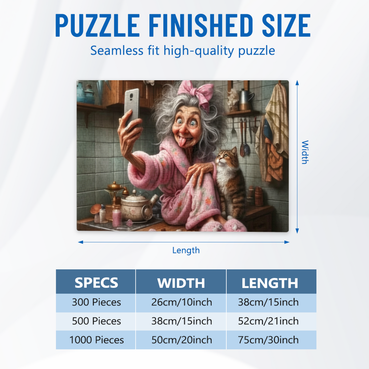 Sassy Grandma Goofy Selfie With Tabby Cat In Cozy Kitchen Puzzle | 300/500/1000 Pieces
