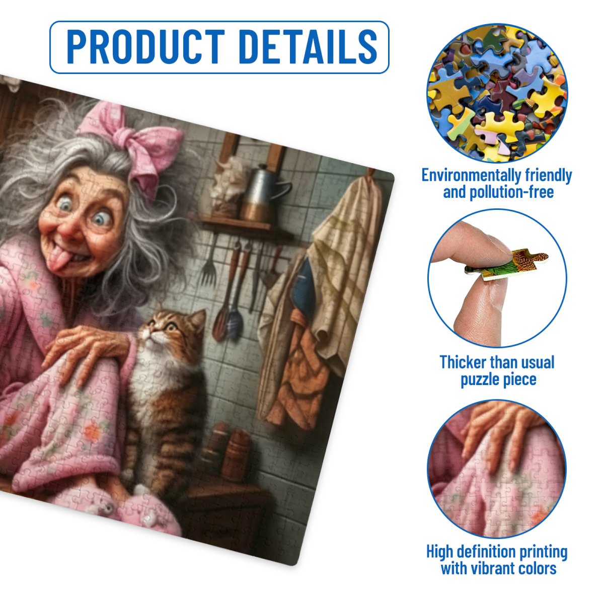Sassy Grandma Goofy Selfie With Tabby Cat In Cozy Kitchen Puzzle | 300/500/1000 Pieces