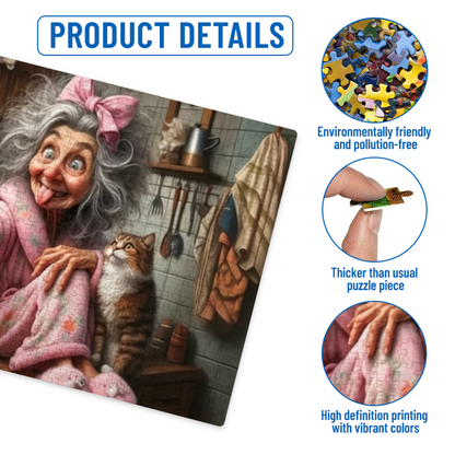 Sassy Grandma Goofy Selfie With Tabby Cat In Cozy Kitchen Puzzle | 300/500/1000 Pieces