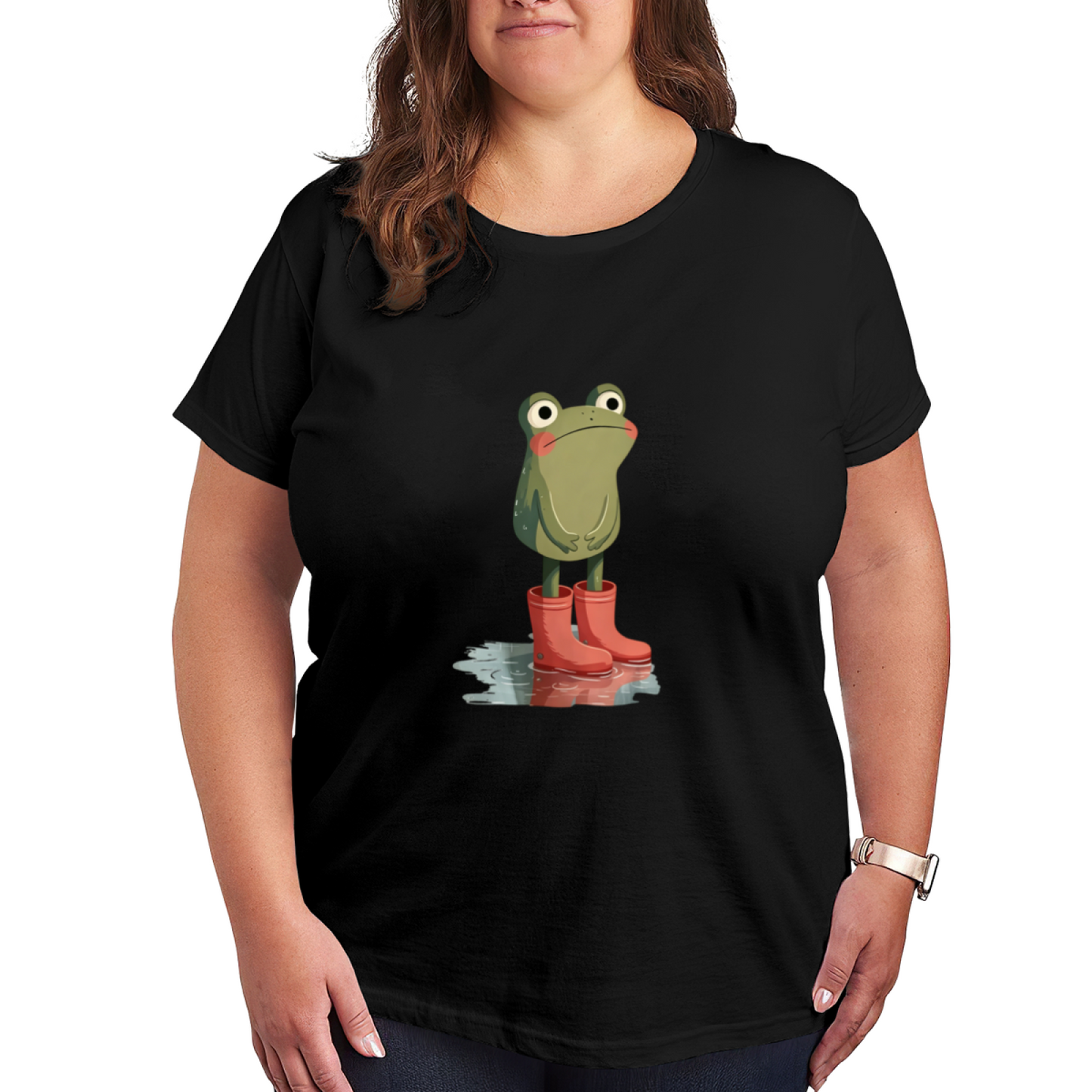 Adorable Frog In Red Rain Boots Cartoon Print Plus Size Women¡¯s T-Shirt