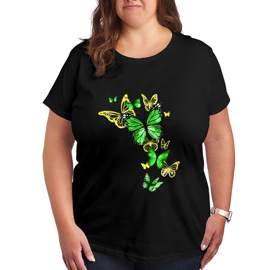 Bright Lime Green & Gold Combo Butterflies Vivid Graphic Plus Size Women Printed T-Shirt