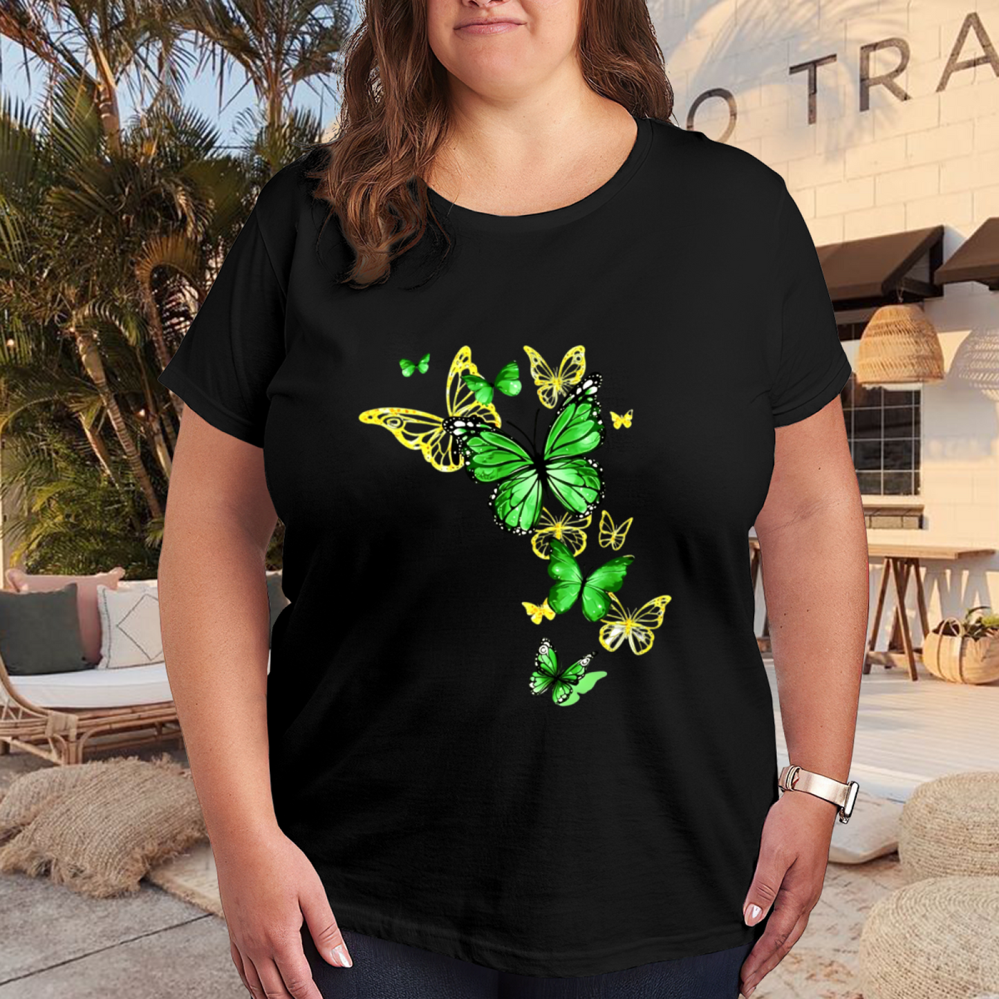 Bright Lime Green & Gold Combo Butterflies Vivid Graphic Plus Size Women Printed T-Shirt