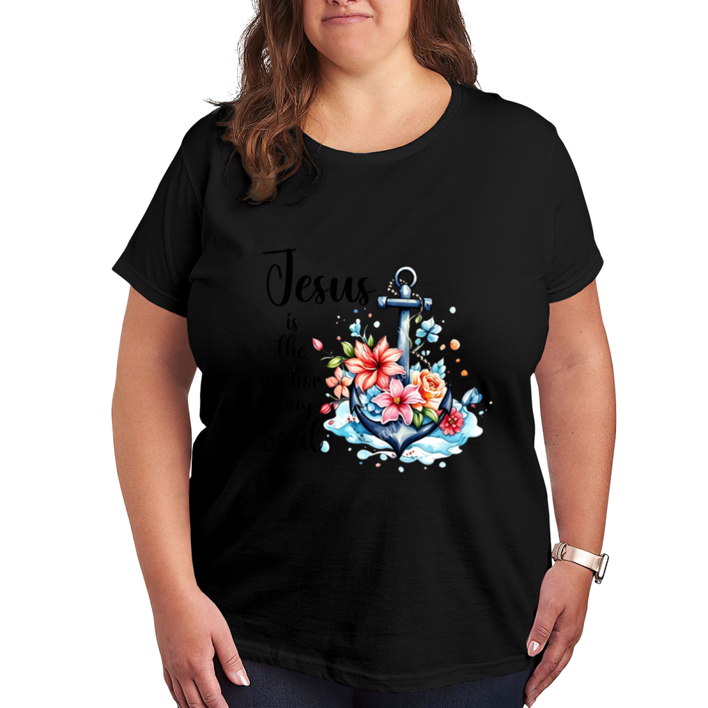 Jesus Is The Anchor Of My Soul Floral Anchor Faith Plus Size Women¡¯s Printed T-Shirt