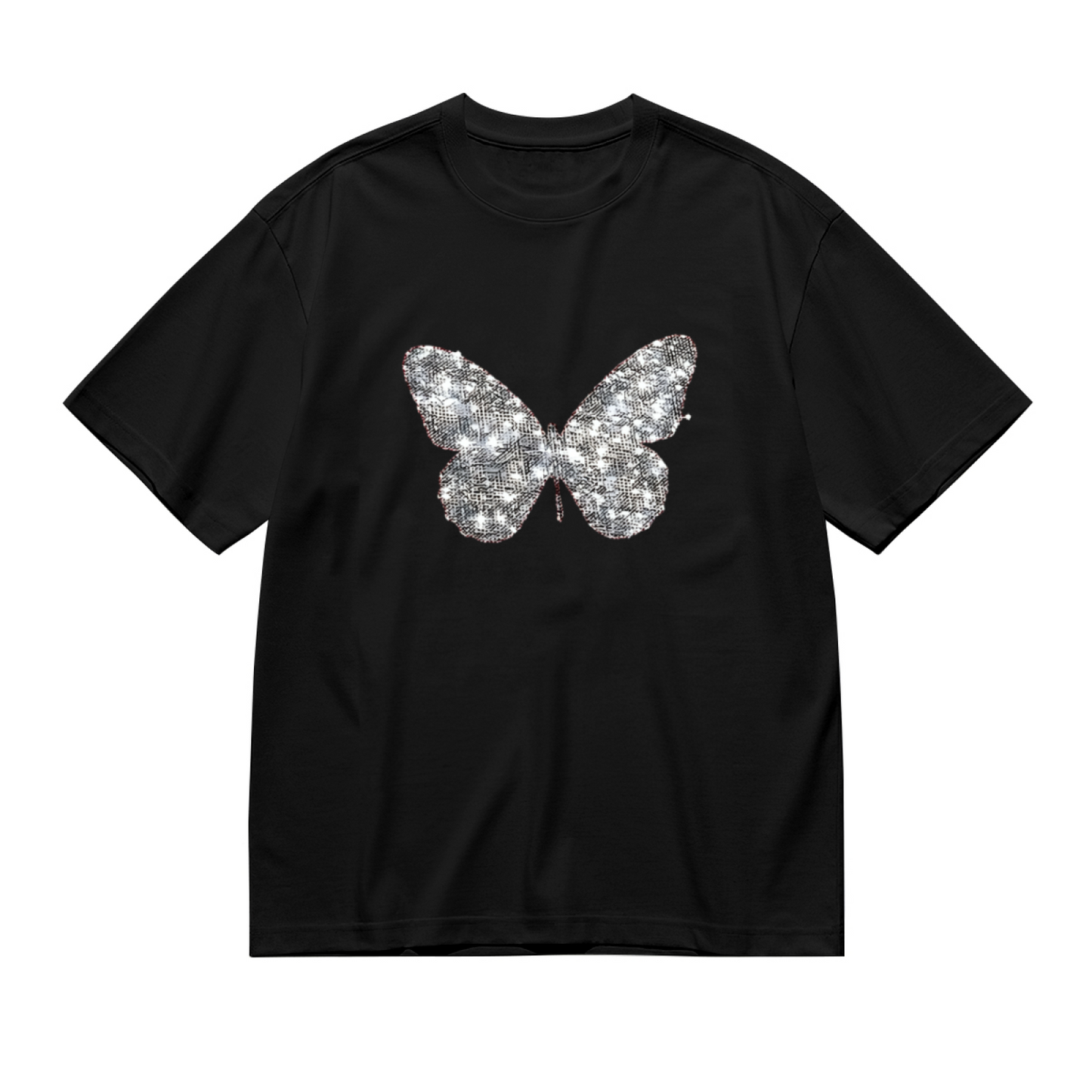 Silver Glitter Sequin Effect Butterfly Minimal Black Plus Size Ladies T-Shirt
