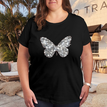Silver Glitter Sequin Effect Butterfly Minimal Black Plus Size Ladies T-Shirt