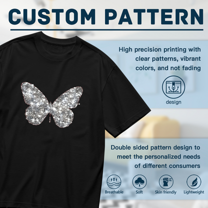 Silver Glitter Sequin Effect Butterfly Minimal Black Plus Size Ladies T-Shirt