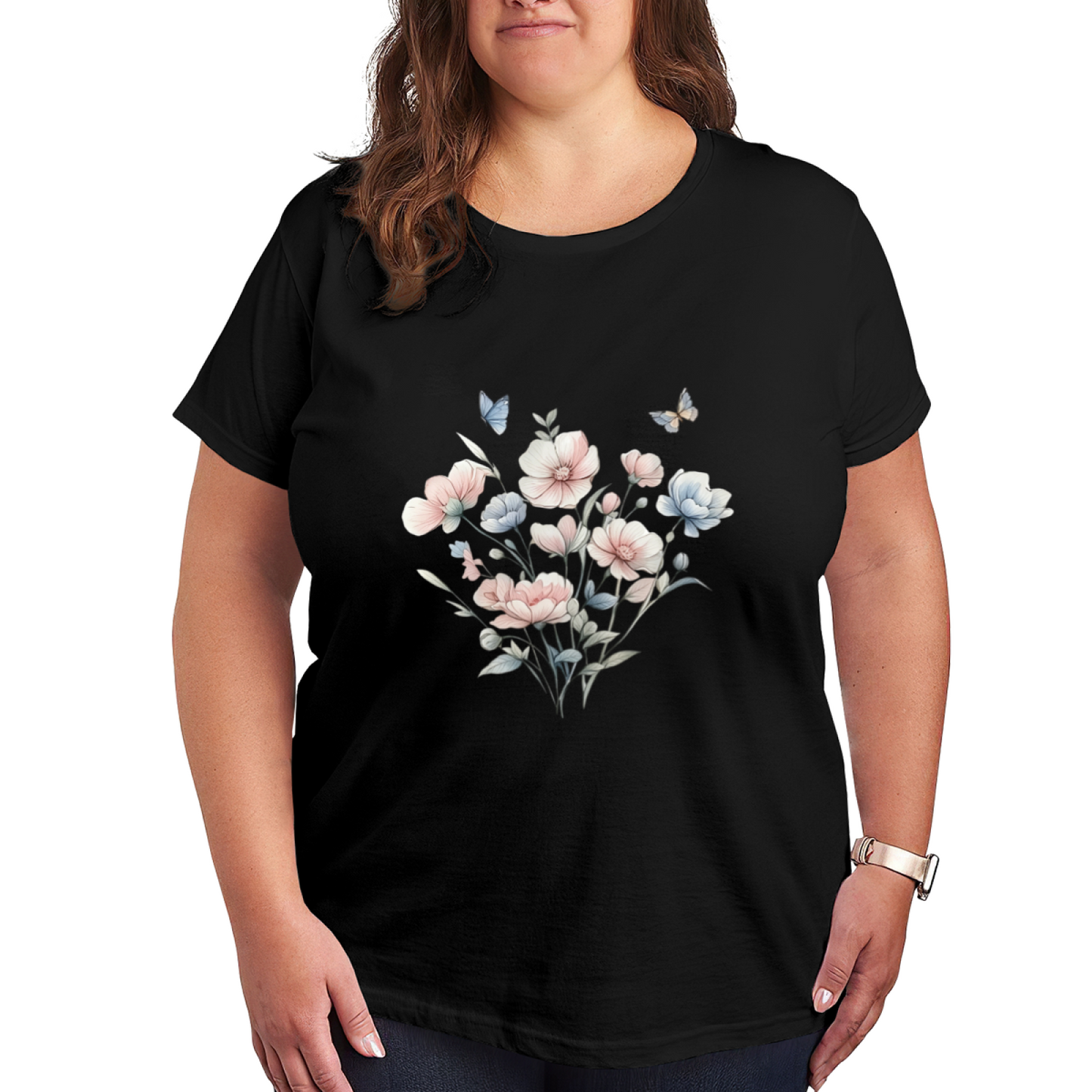 Soft Pastel Pink Floral Delicate Butterfly Watercolor Plus Size Women Printed T-Shirt