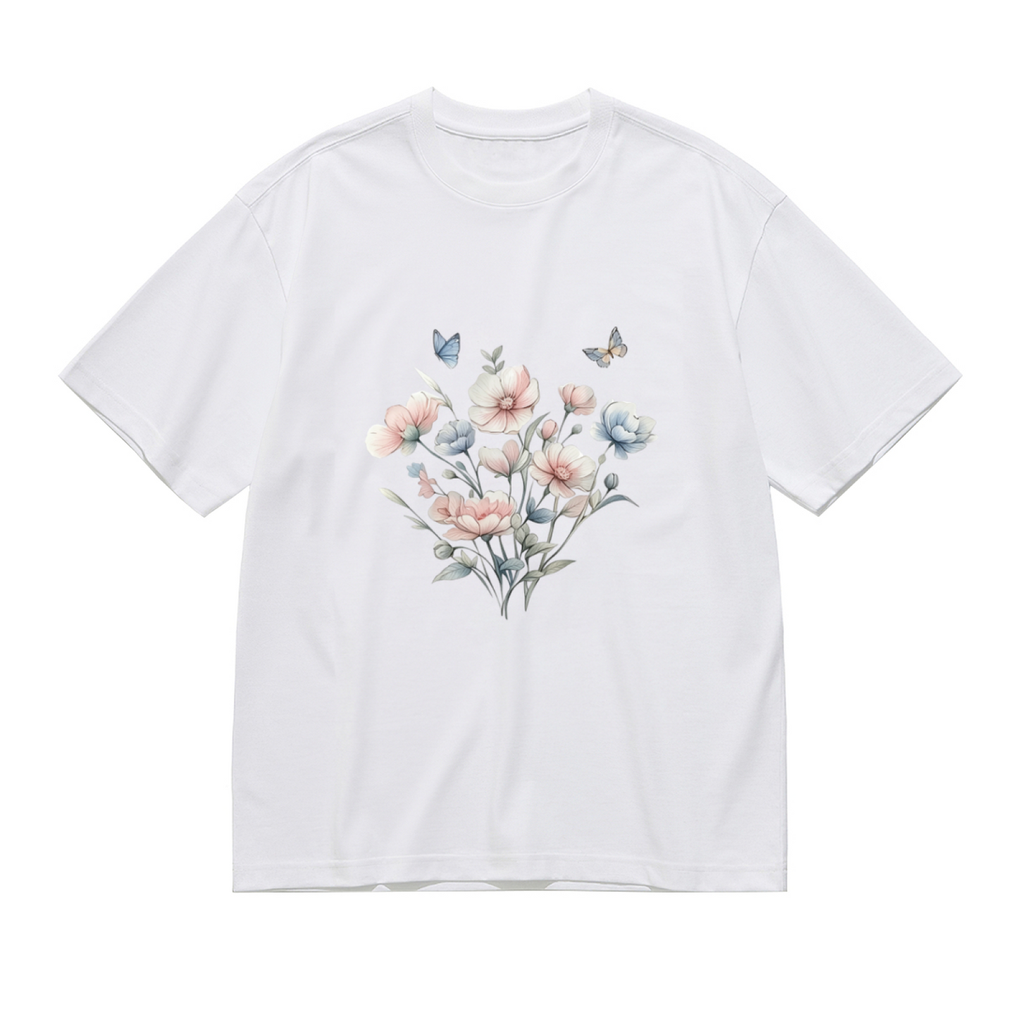 Soft Pastel Pink Floral Delicate Butterfly Watercolor Plus Size Women Printed T-Shirt