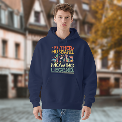 Father Husband Mowing Legend Vintage Navy Hoodie, Dad Cozy Graphic Pullover