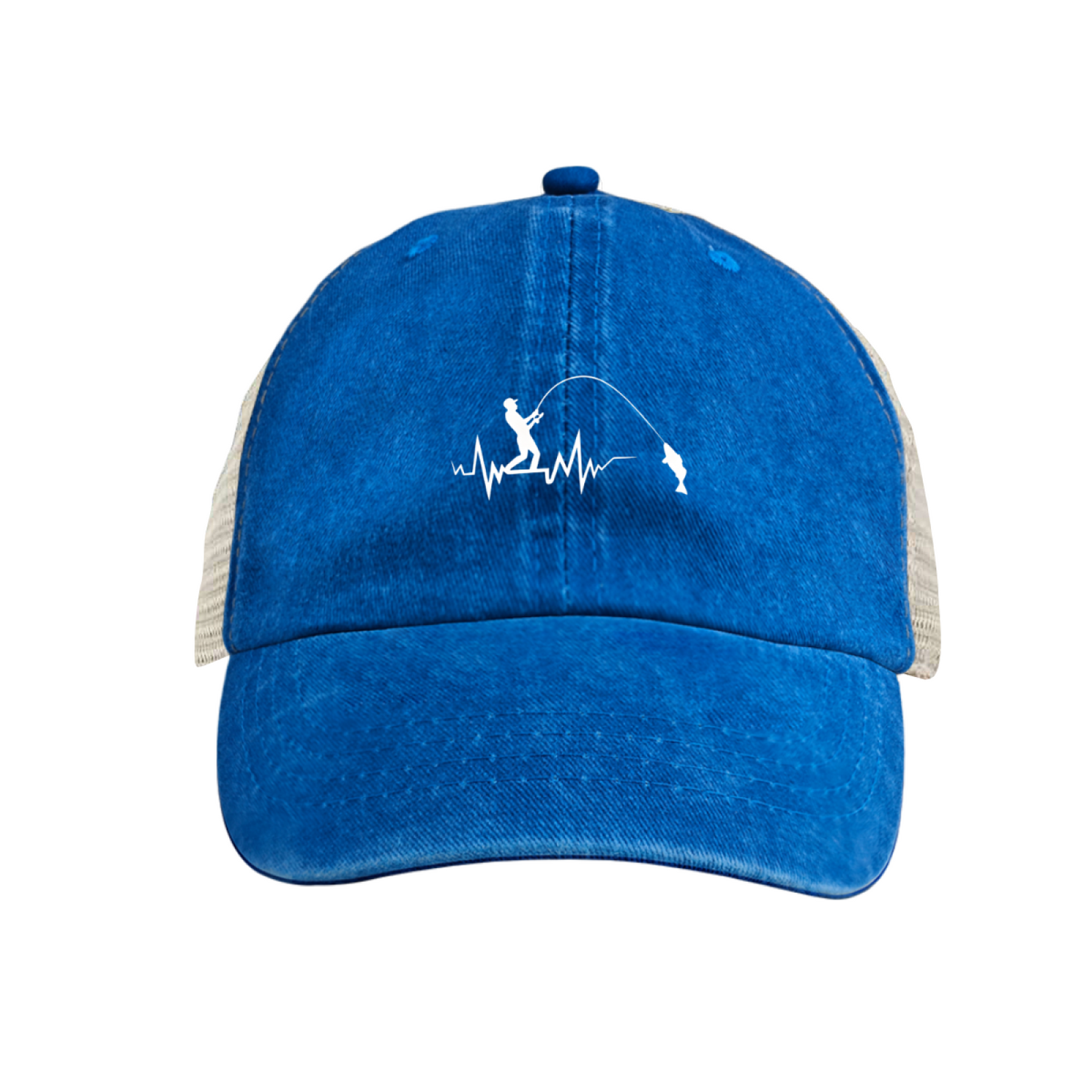 Fishing Heartbeat Line Silhouette Blue Distressed Mesh Trucker Hat ¨C Passionate Angler Cap