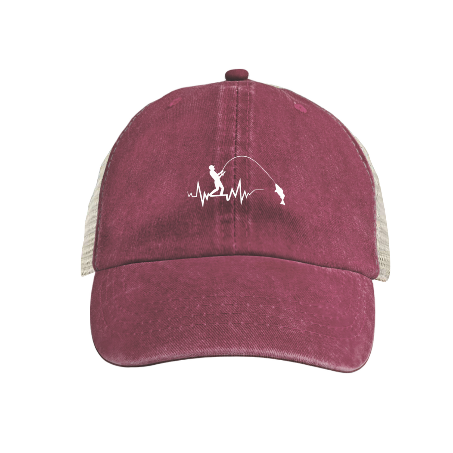 Fishing Heartbeat Line Silhouette Blue Distressed Mesh Trucker Hat ¨C Passionate Angler Cap