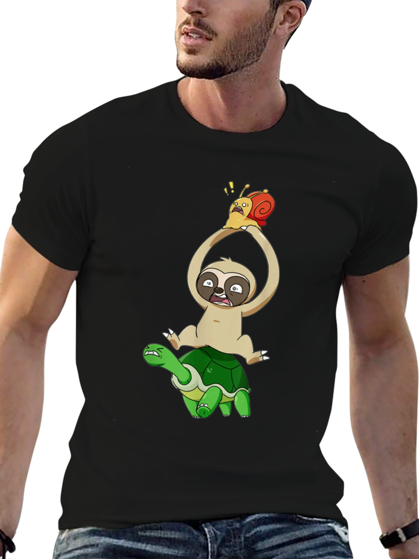Sloth Snail & Turtle Graphic T-Shirt - Black