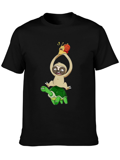 Sloth Snail & Turtle Graphic T-Shirt - Black