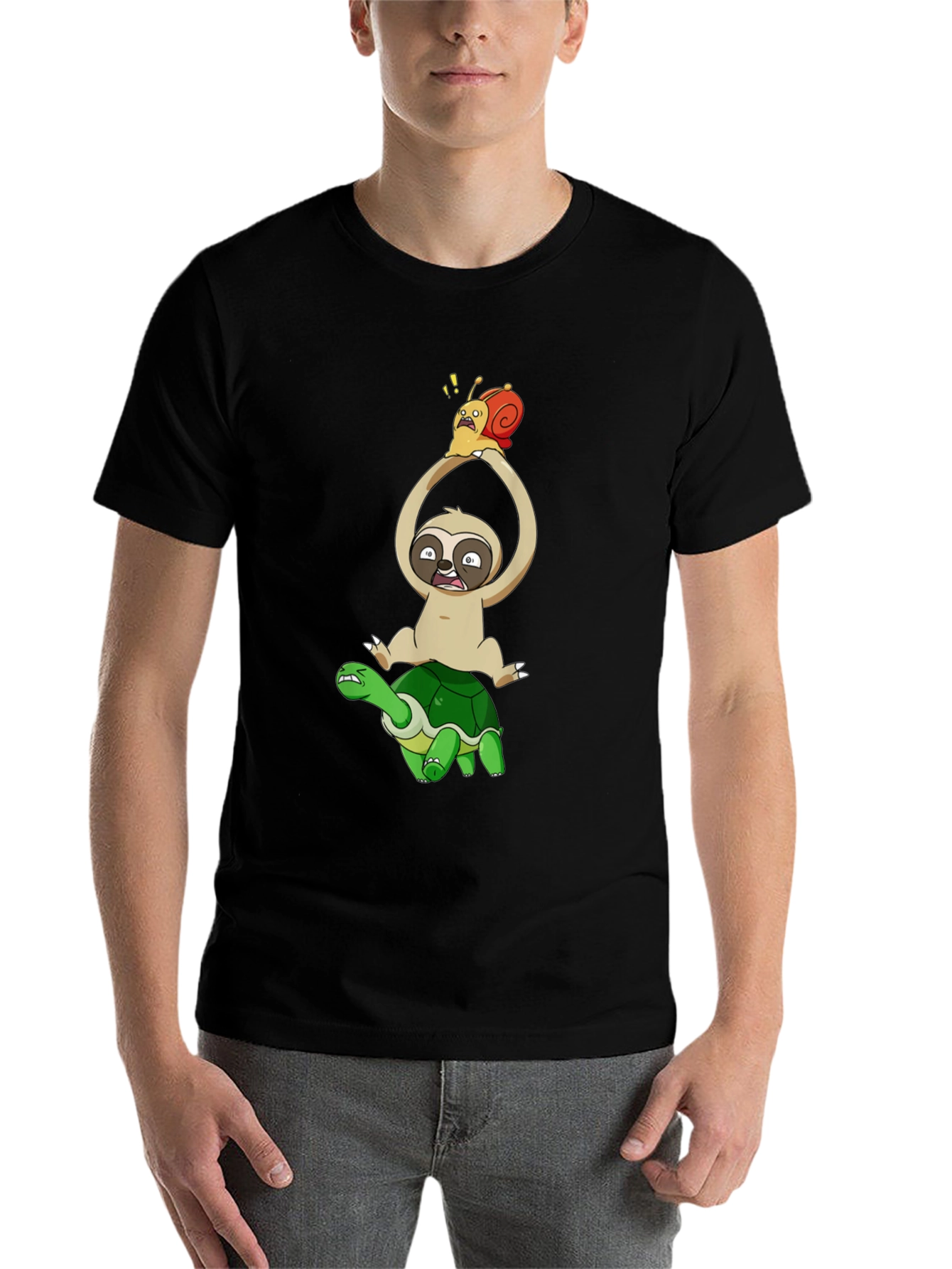 Sloth Snail & Turtle Graphic T-Shirt - Black