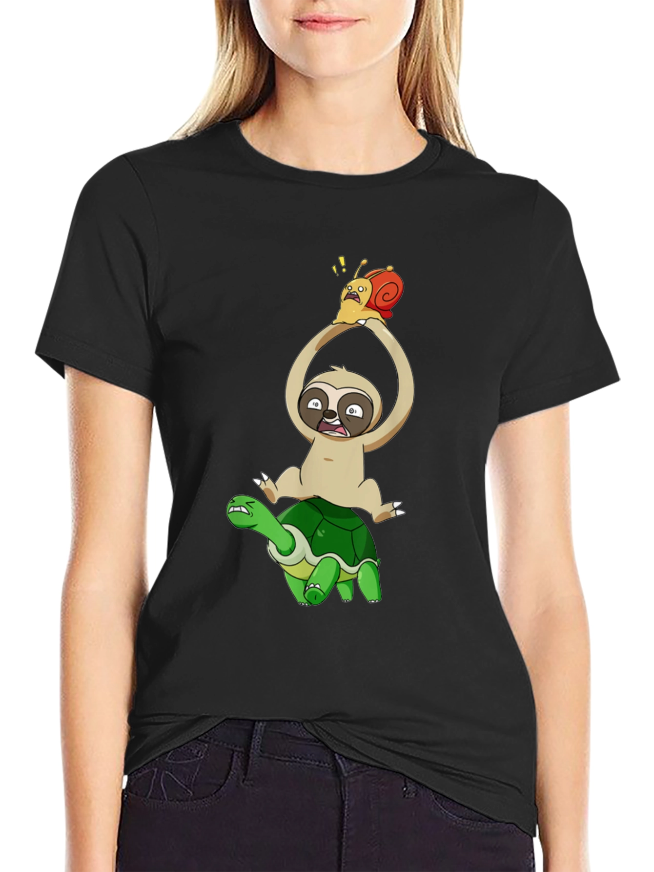 Sloth Snail & Turtle Graphic T-Shirt - Black