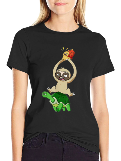 Sloth Snail & Turtle Graphic T-Shirt - Black