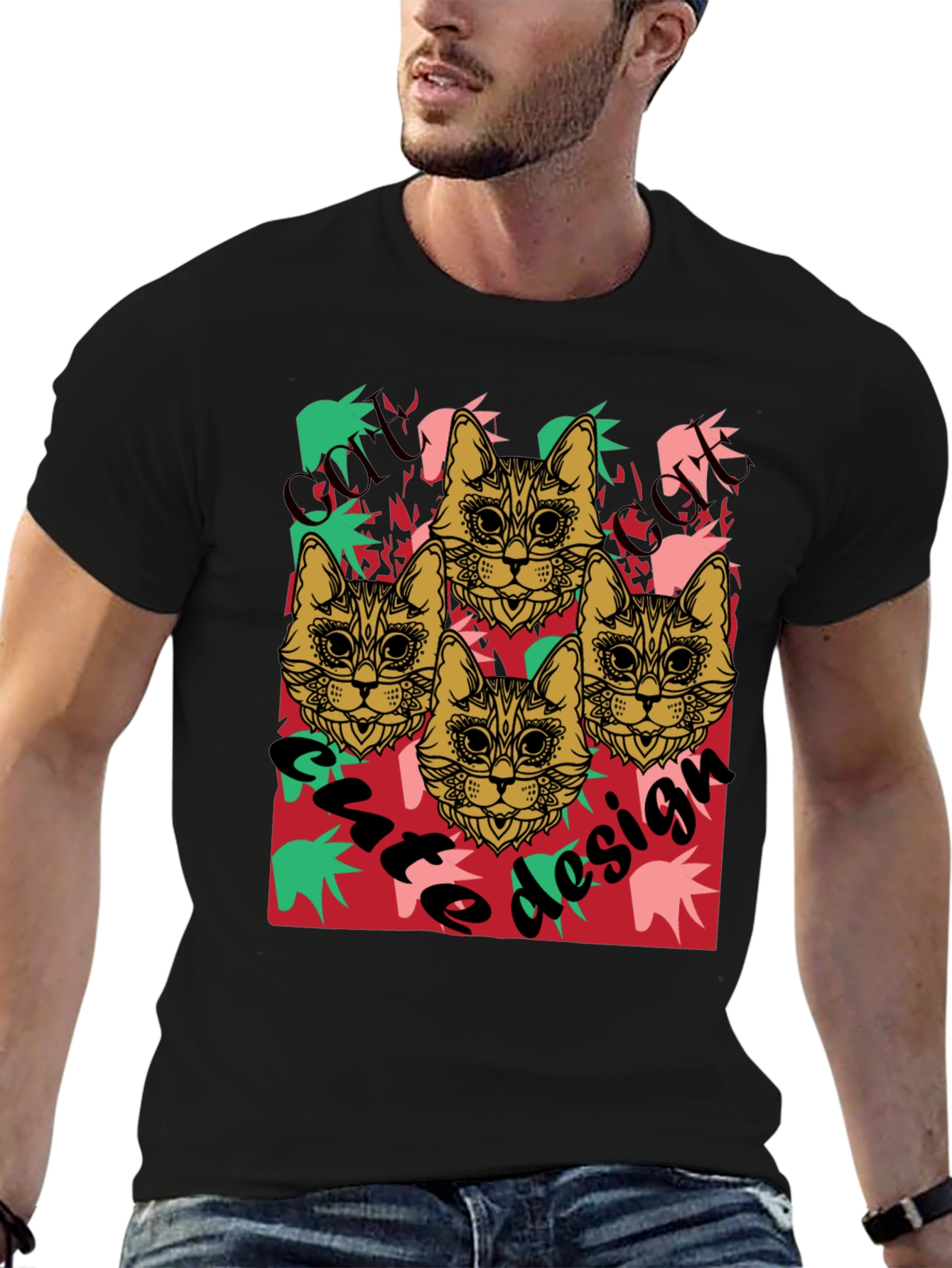 Cool Cat Design Black Graphic Tee