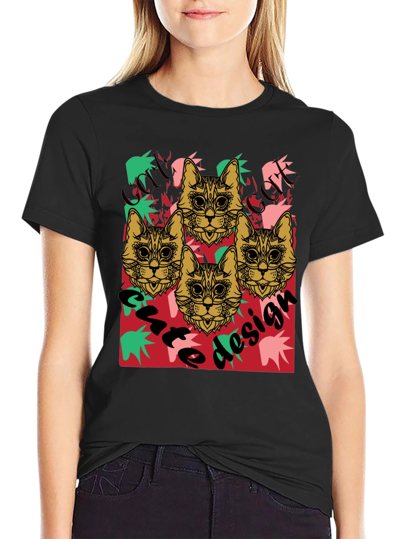 Cool Cat Design Black Graphic Tee