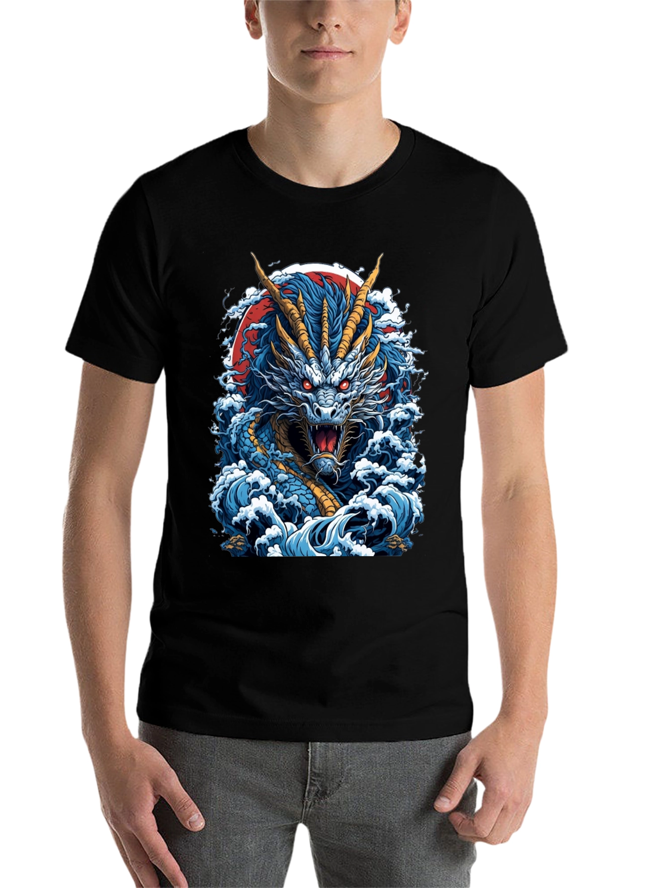 Dragon Wave Graphic Print Black T-Shirt