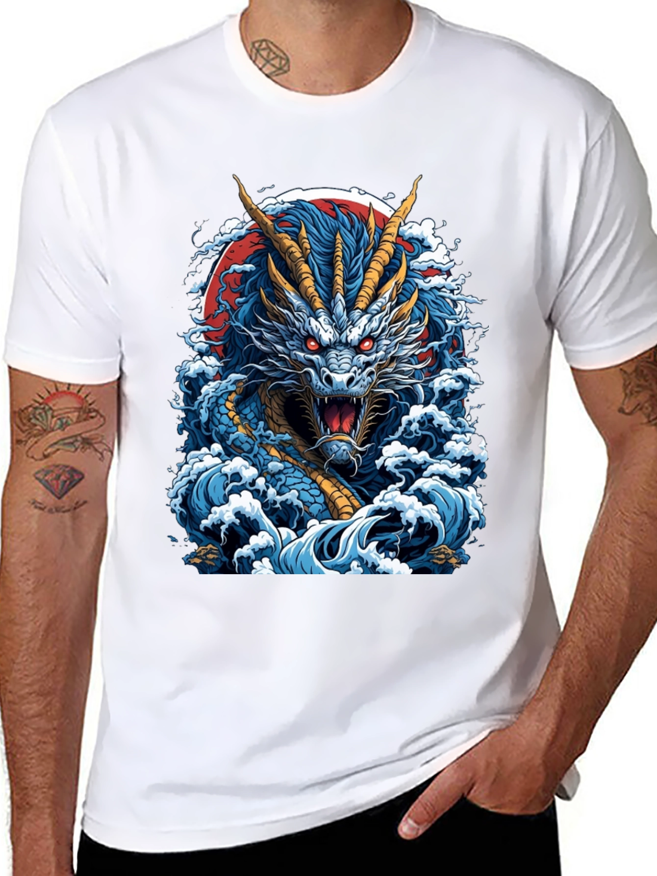Dragon Wave Graphic Print Black T-Shirt