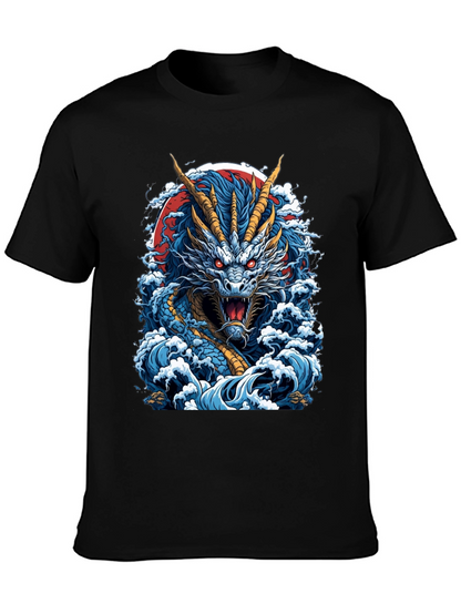 Dragon Wave Graphic Print Black T-Shirt