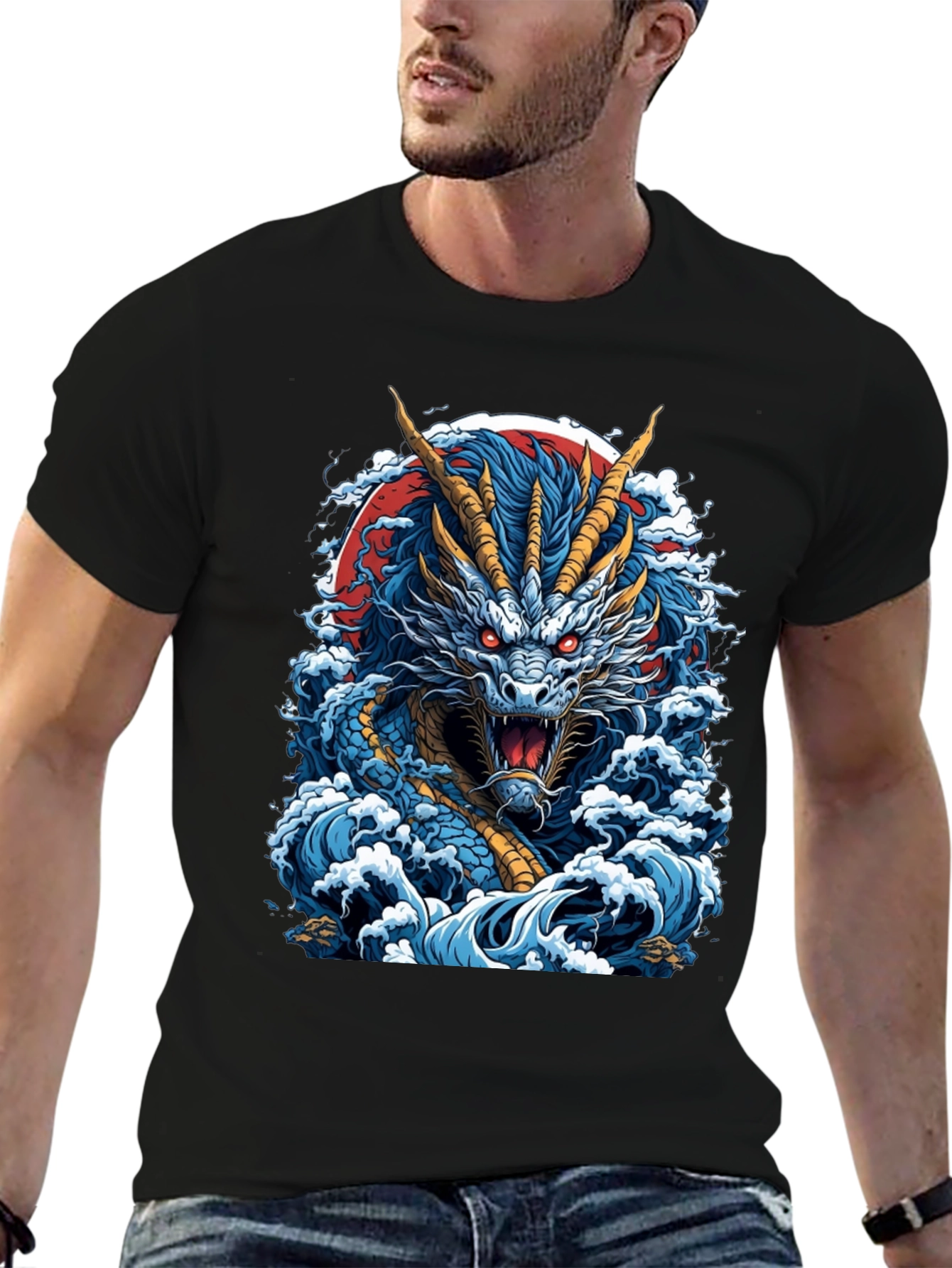 Dragon Wave Graphic Print Black T-Shirt