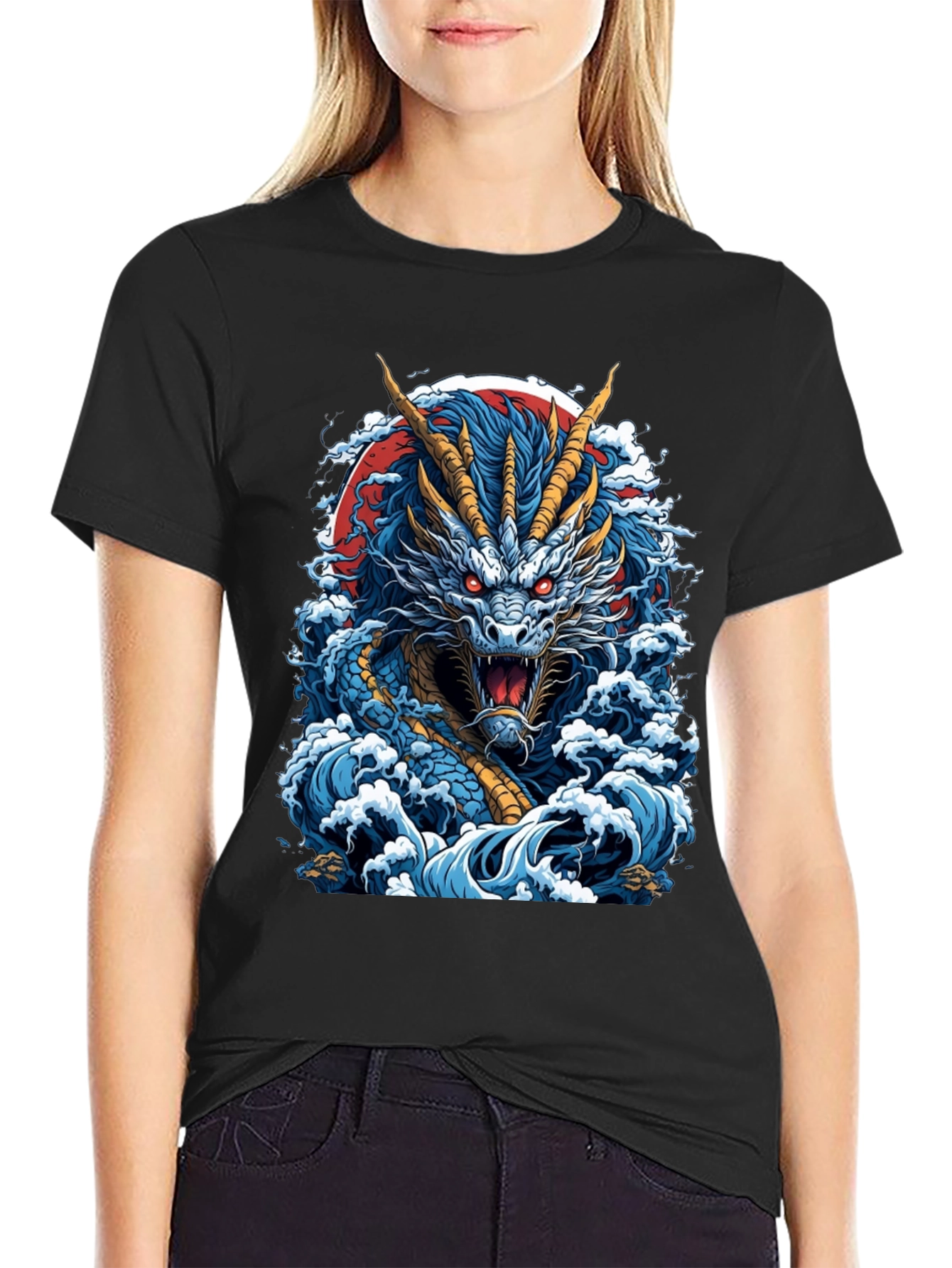 Dragon Wave Graphic Print Black T-Shirt