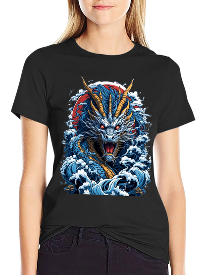 Dragon Wave Graphic Print Black T-Shirt