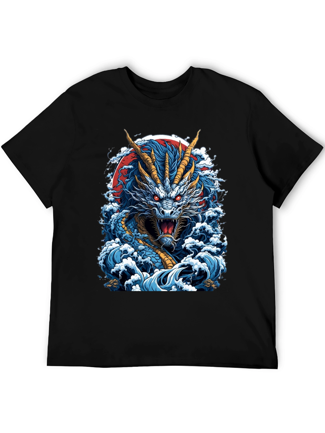 Dragon Wave Graphic Print Black T-Shirt