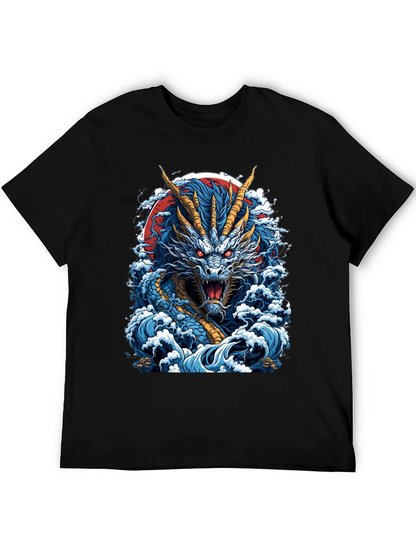 Dragon Wave Graphic Print Black T-Shirt