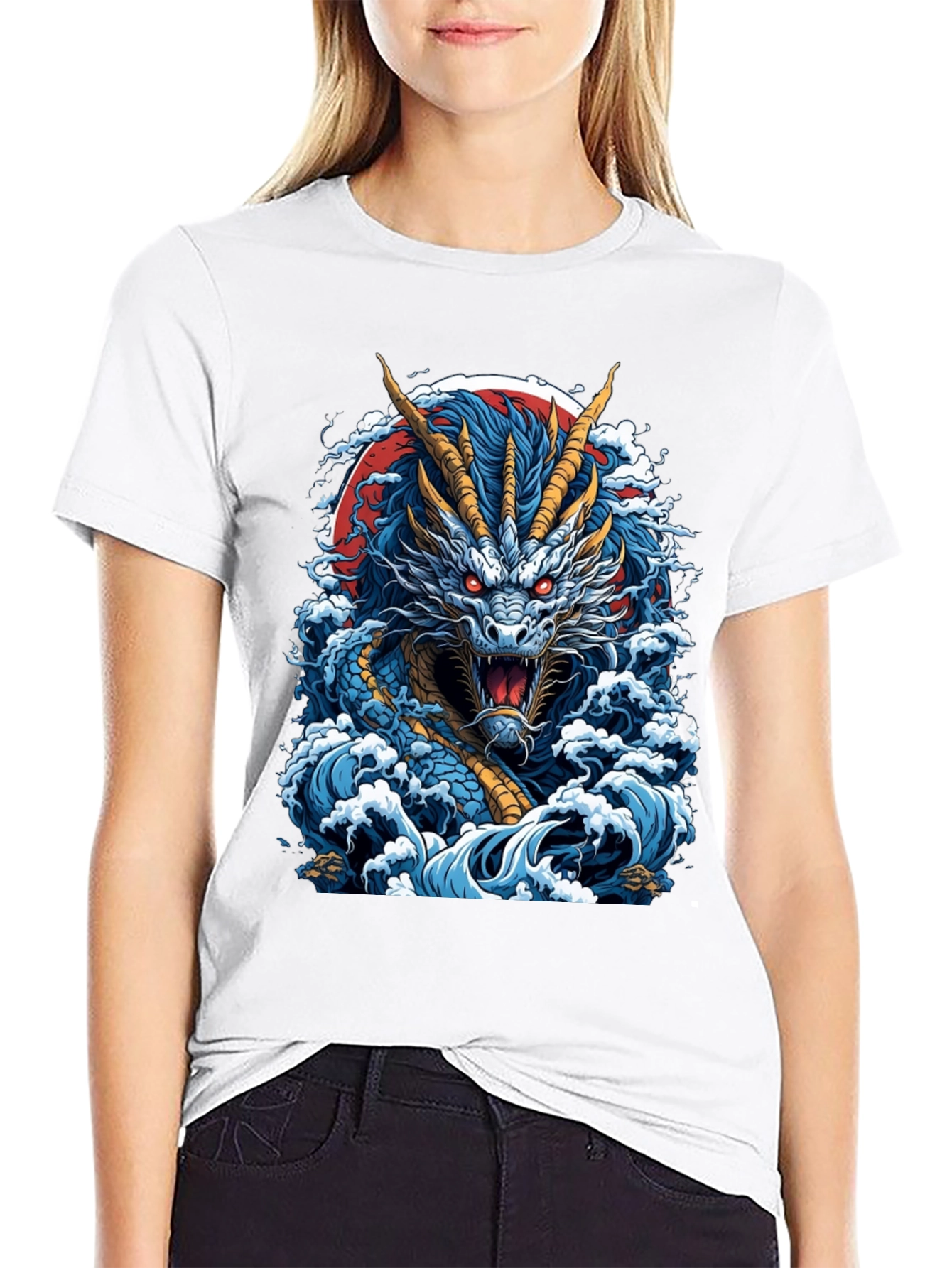 Dragon Wave Graphic Print Black T-Shirt
