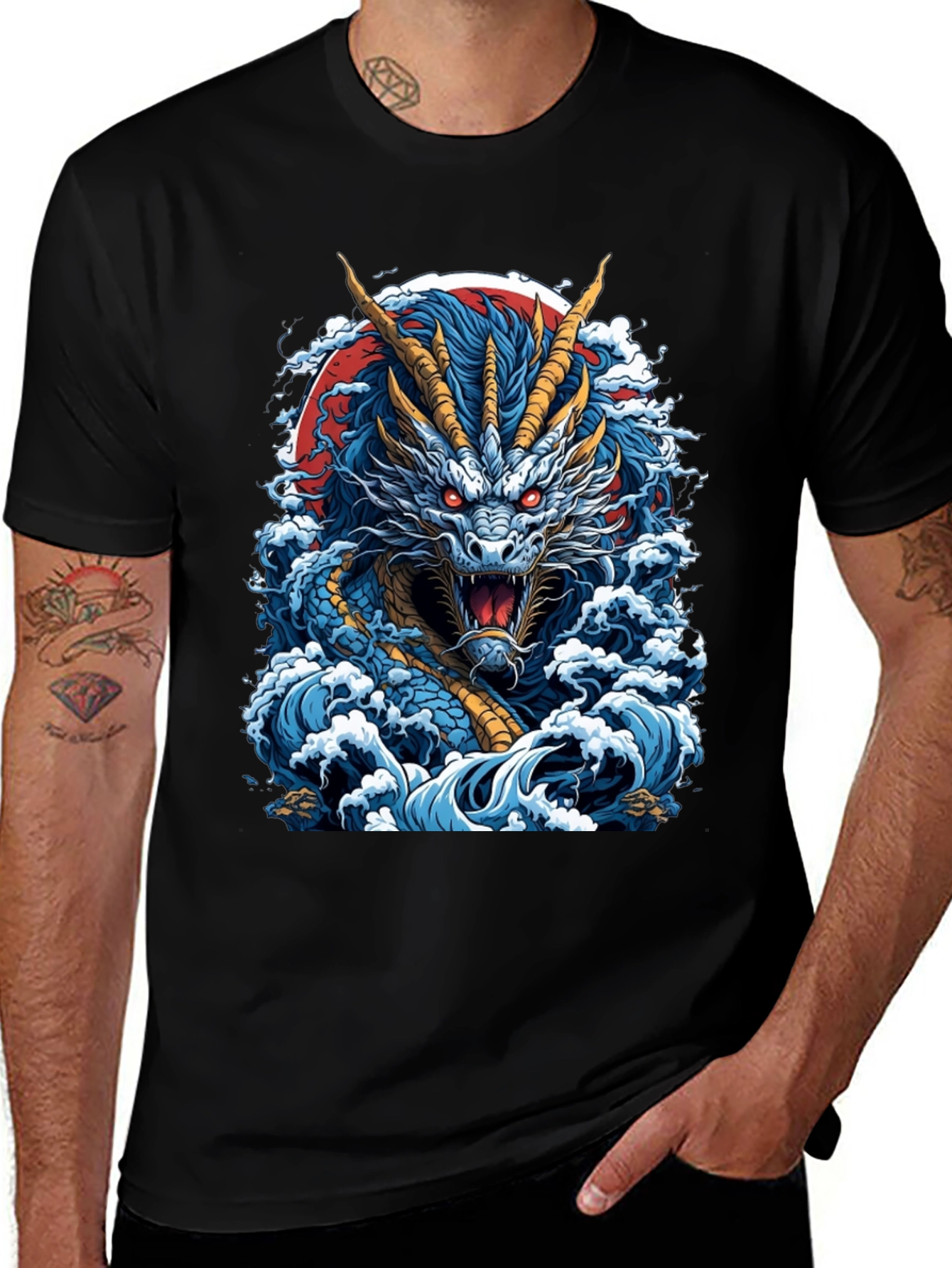 Dragon Wave Graphic Print Black T-Shirt