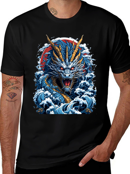 Dragon Wave Graphic Print Black T-Shirt