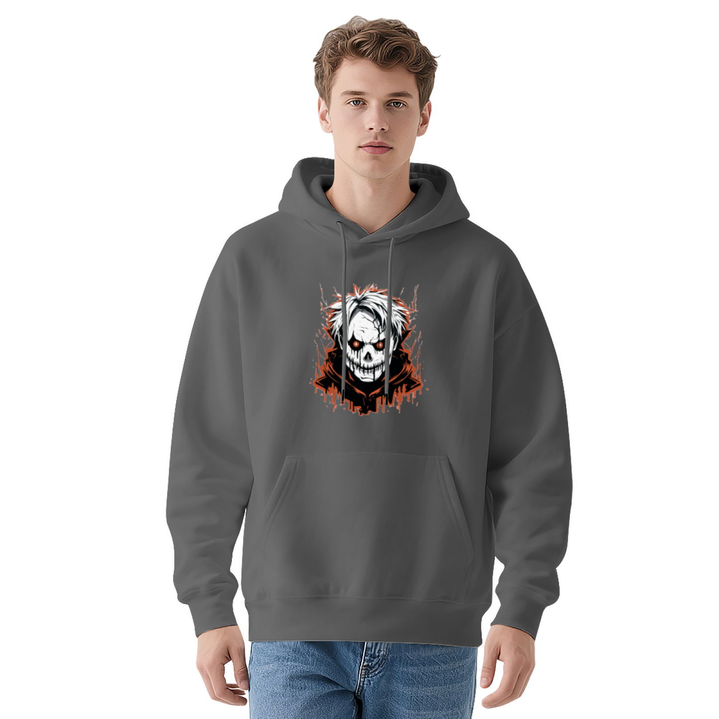 Horror White Hair Skull Dark Style Hoodie, Soft Streetwear Sweatshirt