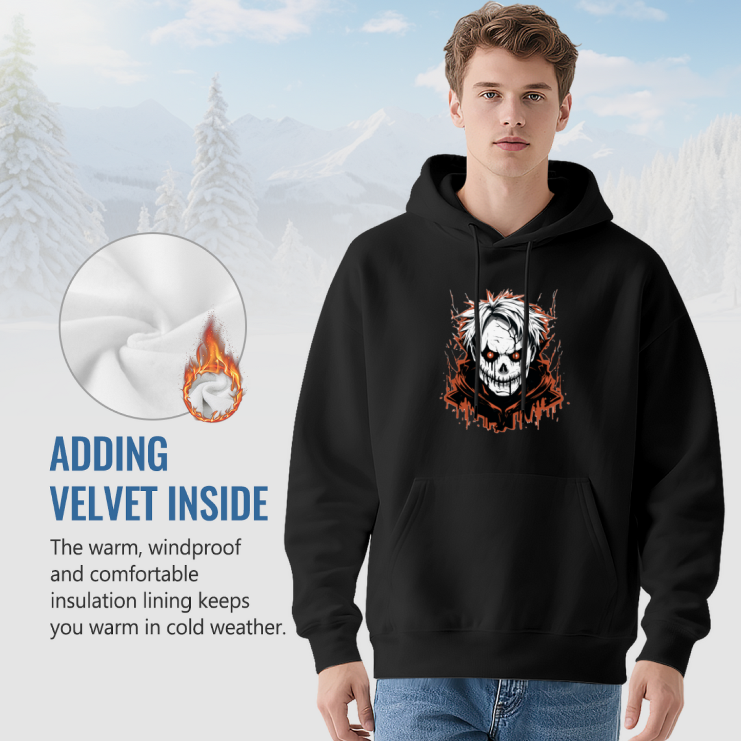 Horror White Hair Skull Dark Style Hoodie, Soft Streetwear Sweatshirt