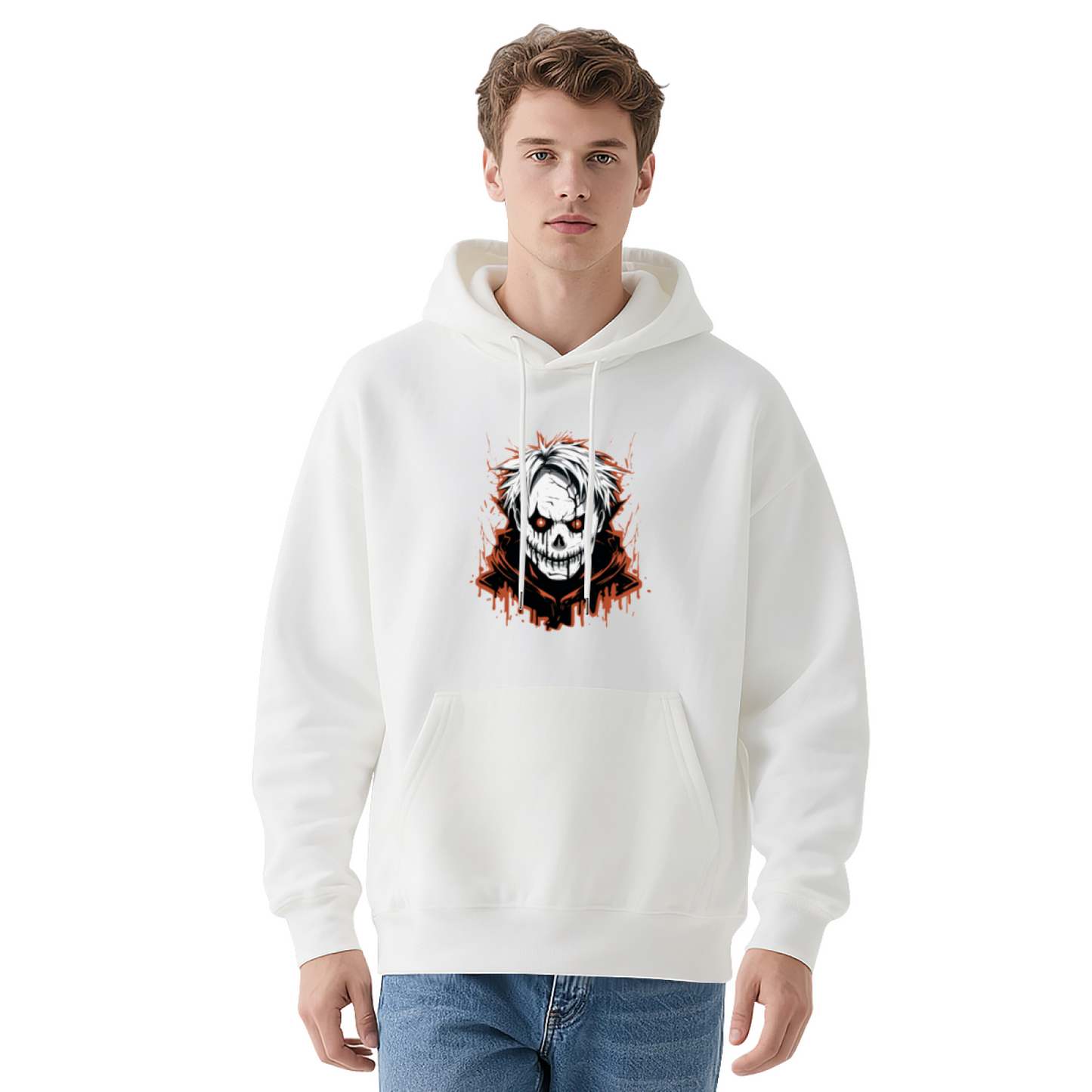 Horror White Hair Skull Dark Style Hoodie, Soft Streetwear Sweatshirt