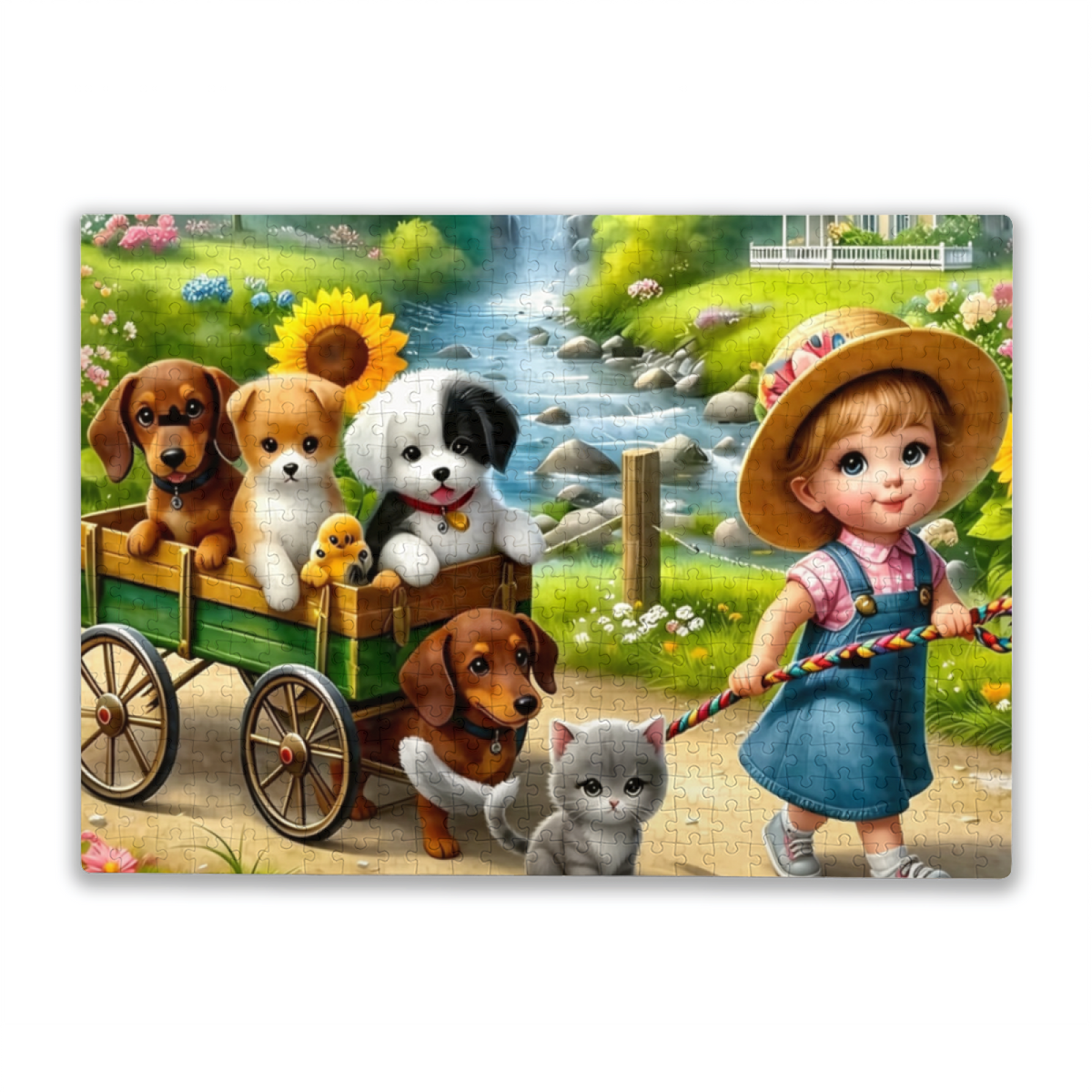 Little Girl Pulling Wagon Full of Puppies & Kittens Sweet Puzzle