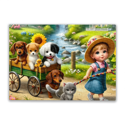 Little Girl Pulling Wagon Full of Puppies & Kittens Sweet Puzzle