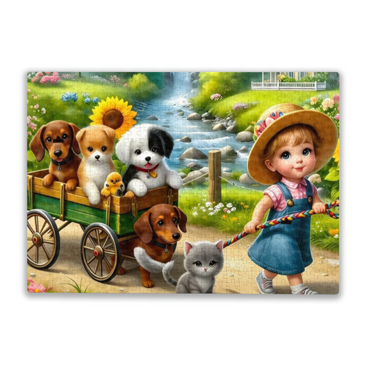 Little Girl Pulling Wagon Full of Puppies & Kittens Sweet Puzzle