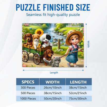 Little Girl Pulling Wagon Full of Puppies & Kittens Sweet Puzzle