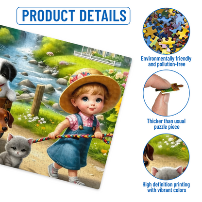 Little Girl Pulling Wagon Full of Puppies & Kittens Sweet Puzzle