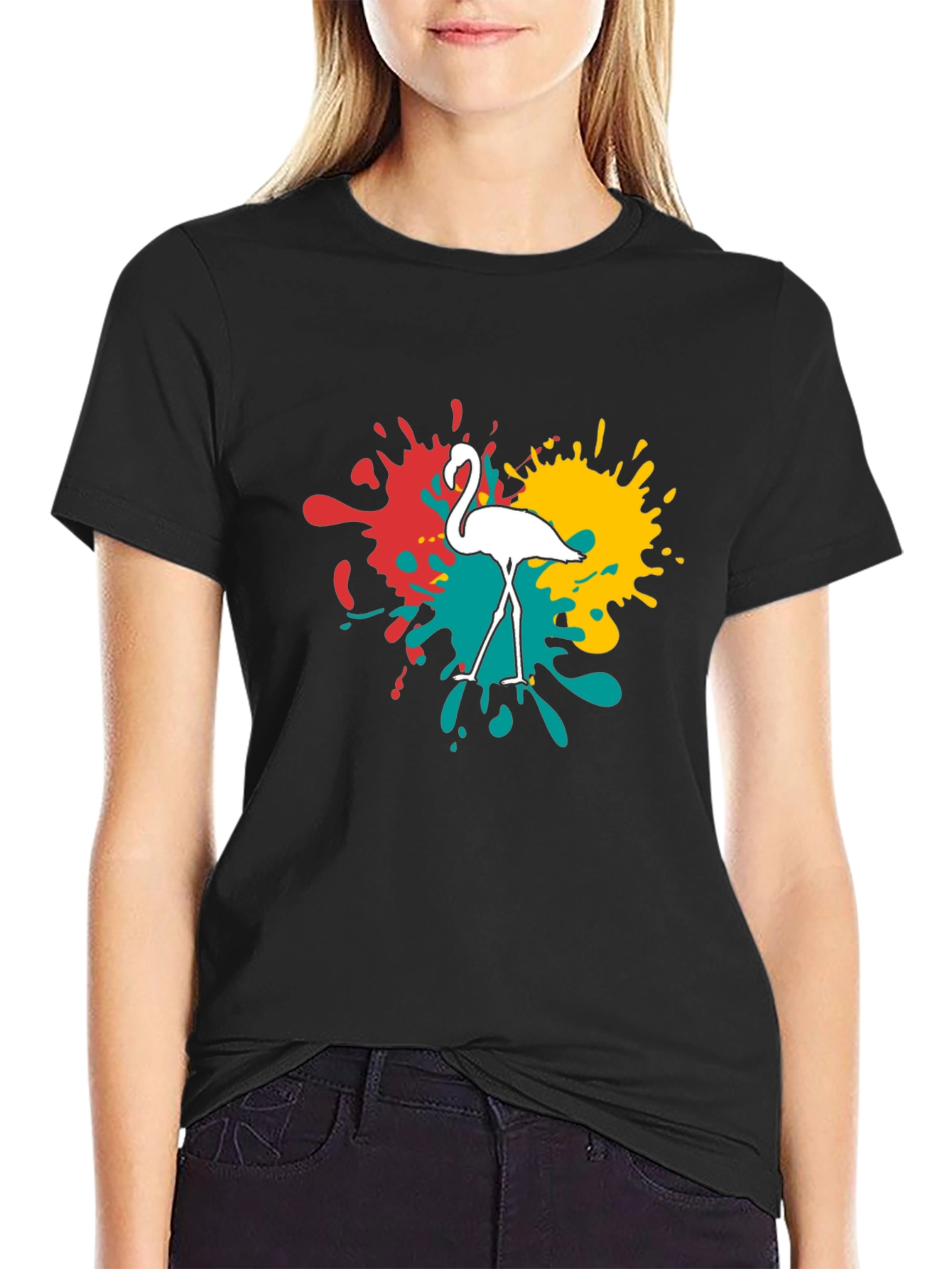 Flamingo Splatter Graphic T-Shirt - Black