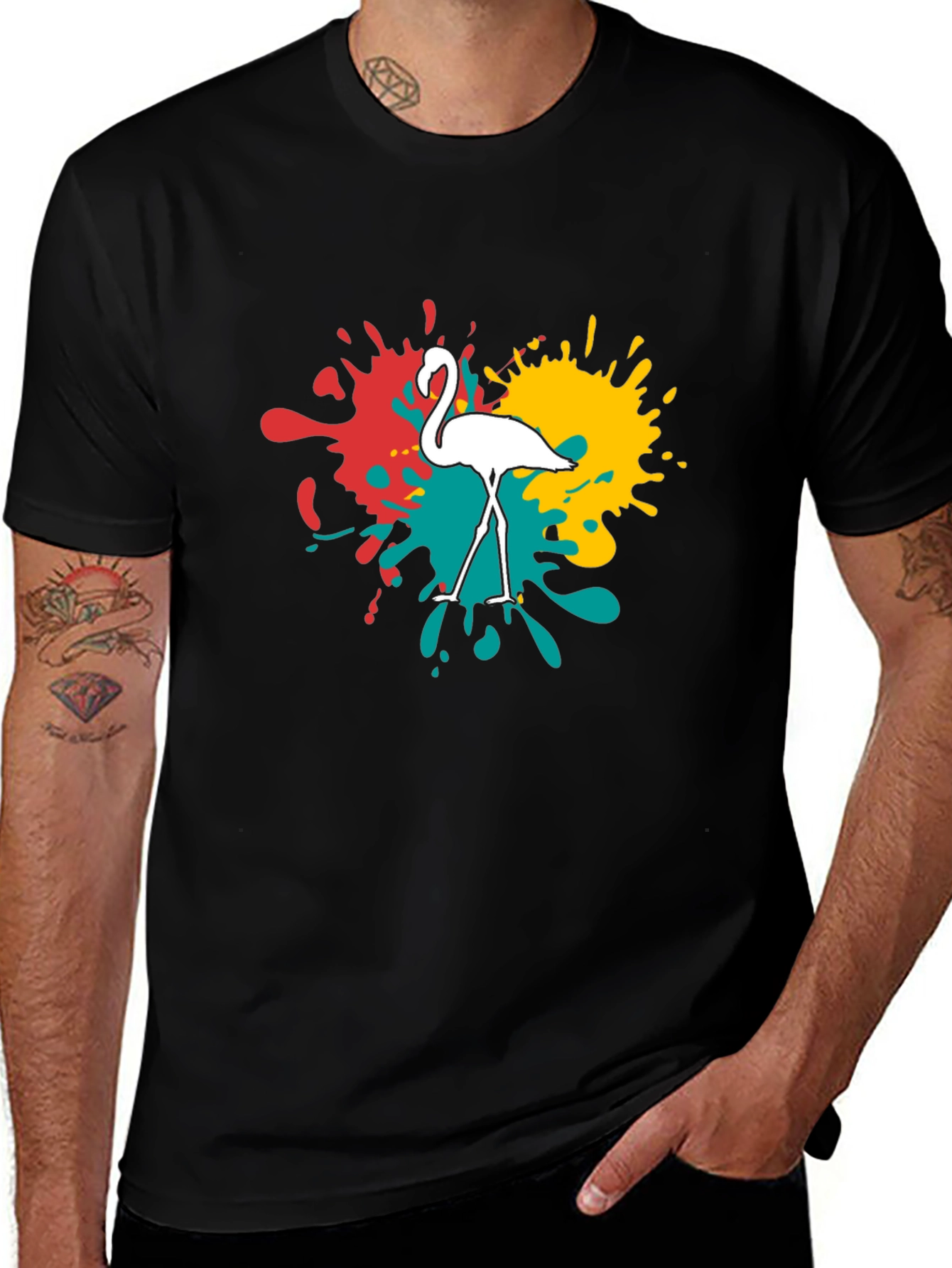 Flamingo Splatter Graphic T-Shirt - Black