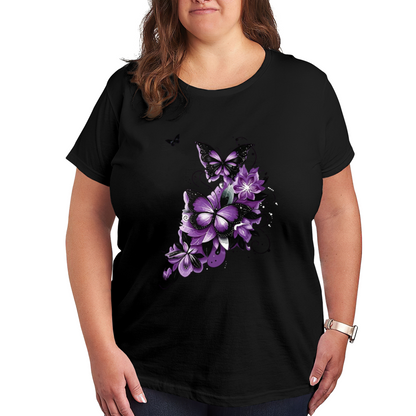Elegant Purple Black Butterfly Dark Floral Ink Print Plus Size Women White T-Shirt