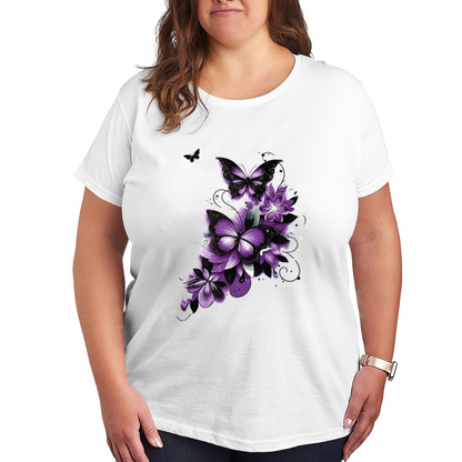 Elegant Purple Black Butterfly Dark Floral Ink Print Plus Size Women White T-Shirt